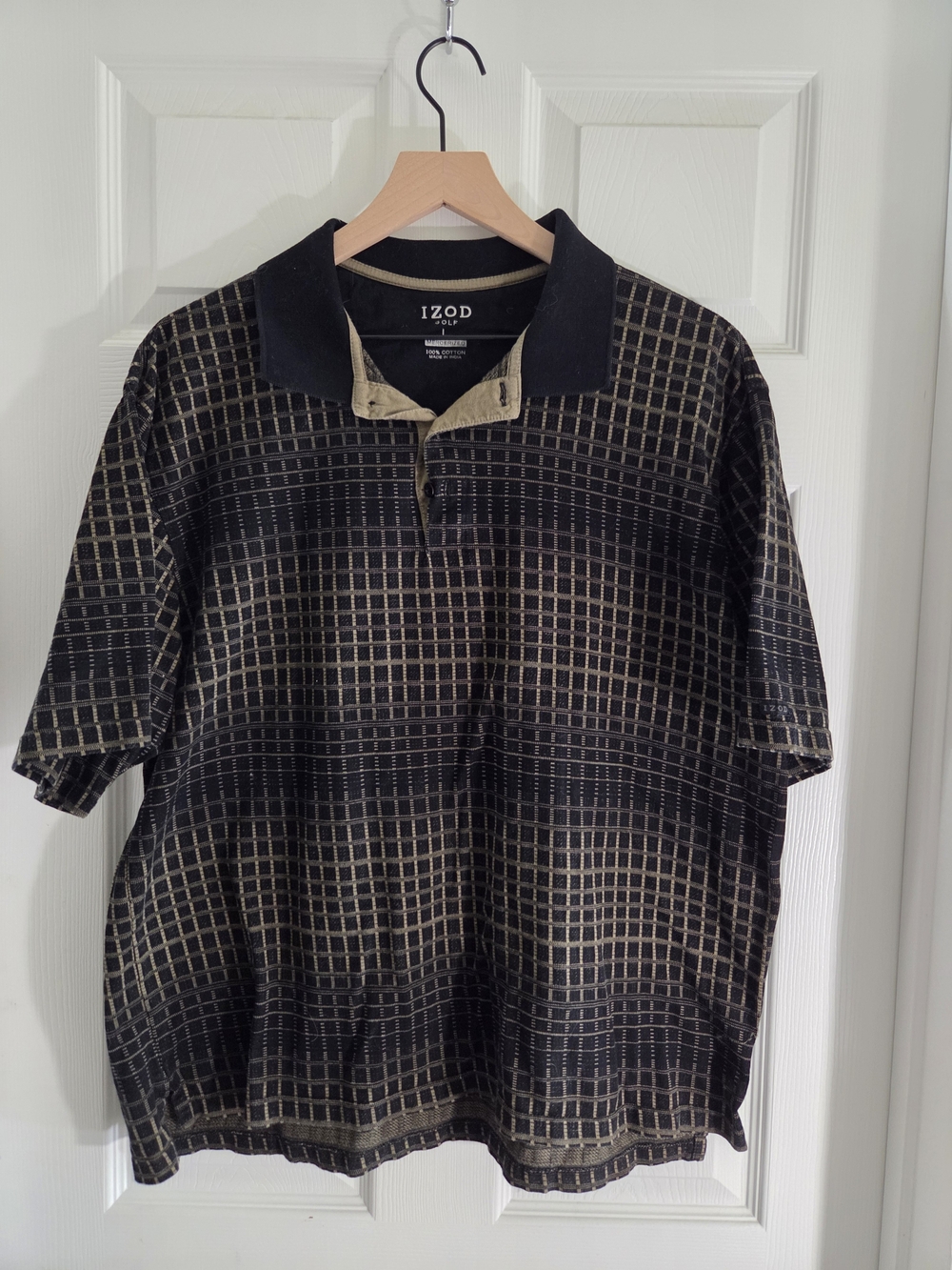 IZOD Black Polo with Olive Grid Design